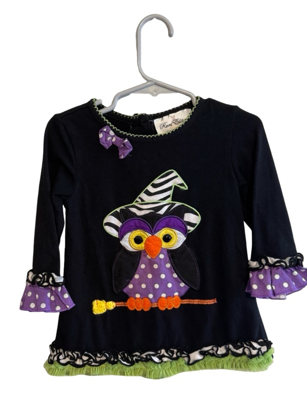 Rare Editions Halloween Owl Witch Top Girls Size 2T Polka Dot Ruffle Long Sleeve